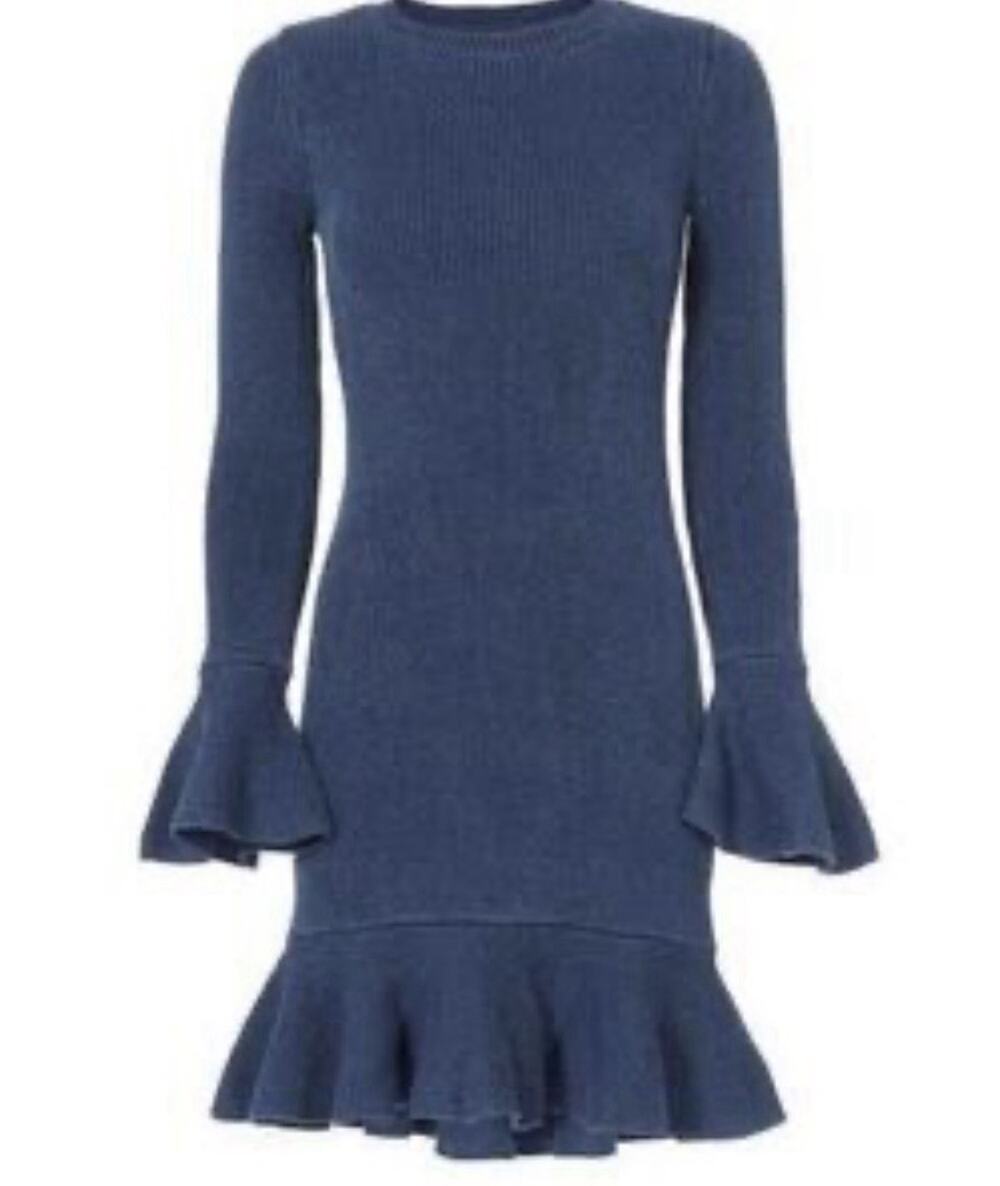 Intermix Blue Stretch Knit Long Sleeve Ruffle Midi Sweater Dress L A010396